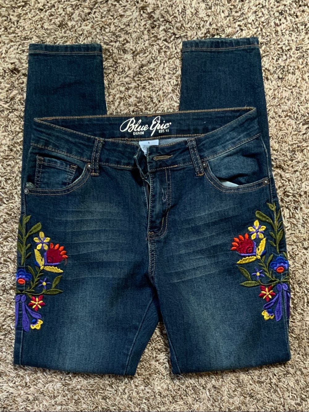 Blue Epic - Dark Wash Skinny Jeans with Floral Embroidery